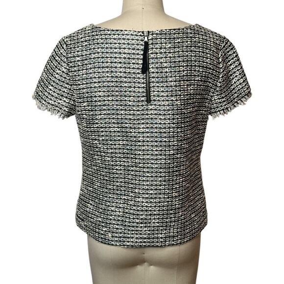 Talbots Gray Black Tweed Short Sleeve Blouse W. Fringe Sleeves Women's Size 8P - Picture 4 of 6